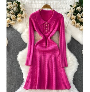 Vestido informal de <span class=keywords><strong>manga</strong></span> <span class=keywords><strong>larga</strong></span> con cuello redondo de punto de un solo botón para mujer - Product Image 1