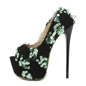 Escarpins Sexy à Talon Haut Plateforme Peep Toe 16CM 2025 à Paillettes Noirs pour Femme – Idéals pour les Soirées en Boîte de Nuit - Product Image 6