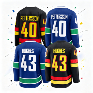 Maillots de hockey cousus pour hommes 43 Quinn Hughes 40 Elias Pettersson 16 Trevor Linden 6 Brock Boeser 10 Pavel Bure 9 Miller S-3XL - Product Image 1