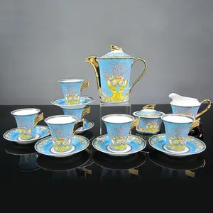 欧洲15件蓝色陶瓷咖啡具家庭/餐厅/酒店陶瓷茶壶咖啡杯土耳其茶具