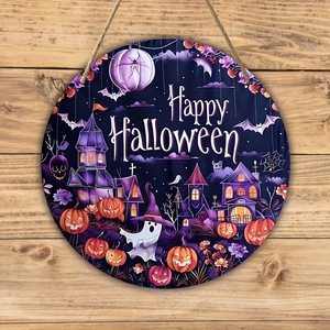 Letrero de Madera de Halloween, Decoración de Pared con Fantasma Morado, Calabaza y Casa Encantada, Adorno de Puerta con Murciélagos Espeluznantes, Decoración para Fiesta de Halloween - Product Image 6
