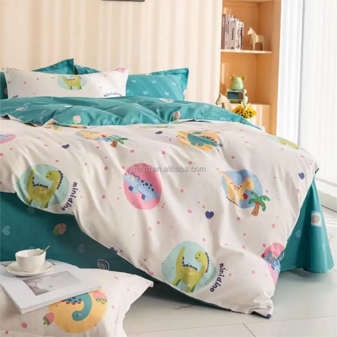ชุดเครื่องนอนผ้าฝ้าย100% พิมพ์ลายการ์ตูนไดโนเสาร์ปลอกผ้านวมปลอกหมอนผ้าปูที่นอนชุดเครื่องนอนสำหรับเด็ก