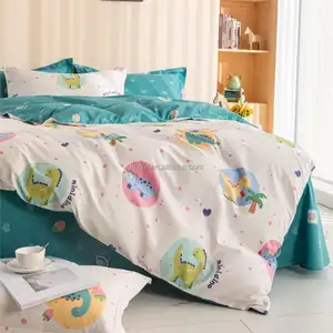 Juego de ropa de cama de algodón 100% personalizado, funda de edredón con estampado de dinosaurio de dibujos animados, fundas de almohada, juego de funda nórdica para ropa de cama de bebés