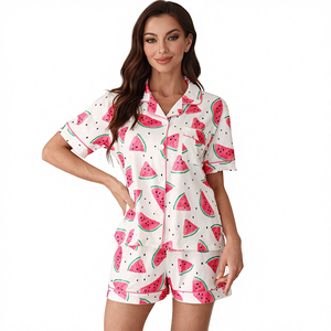 European American Cross Border New Summer <b>Cardigan</b> Pajamas Fashion Fruit Print Casual Short Sleeve Shorts Homewear Set Women - Product Image 2