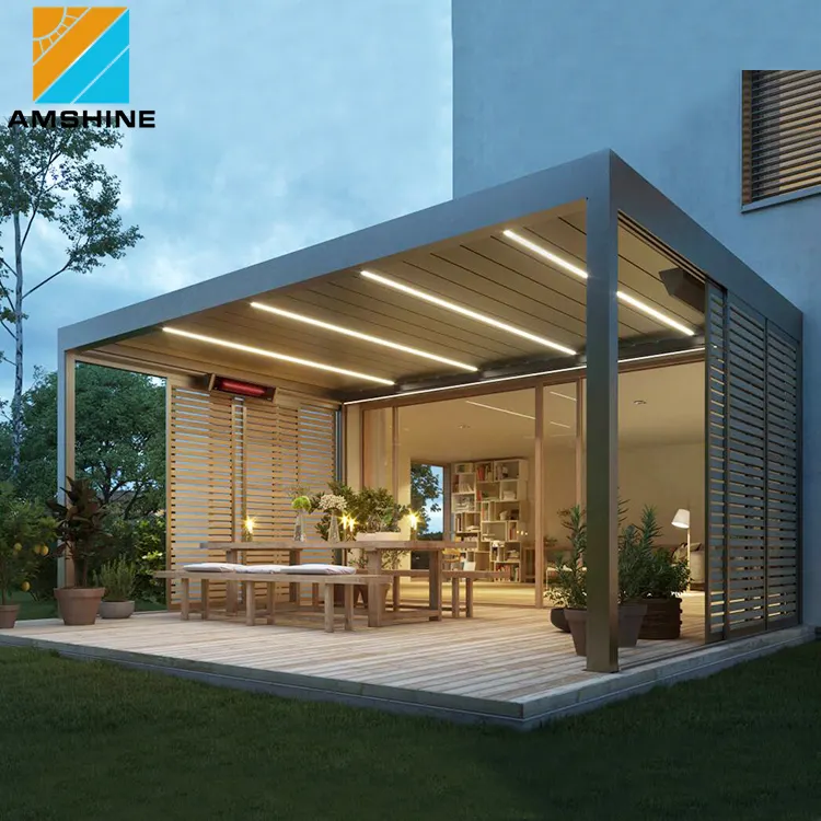 Conjunto de jardín de madera, pérgola de aluminio, muebles de exterior con luces LED