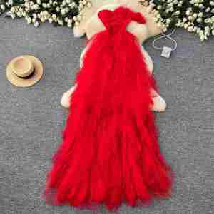 Vestido Midi Casual Sexy sin Tirantes para Mujer, sin Mangas, con Volantes, Tejido, de Malla Sólida, Línea A, para Fiesta, Lavable y Ecológico - Product Image 1