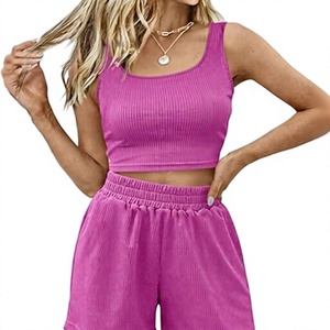 Women's <b>Pink</b> Ribbed <b>Crop</b> <b>Top</b> Shorts Set Lantern Sleeve Hooded Knitted Casual Summer Outfit Breathable Eco-Friendly Cotton Blend - Product Image 1