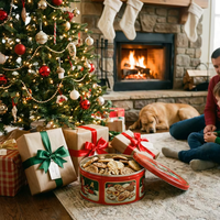 Boîte en métal ronde rouge traditionnelle pour Noël, conteneur métallique pour les fêtes, imprimé sur mesure pour l'emballage de bonbons et biscuits faits maison