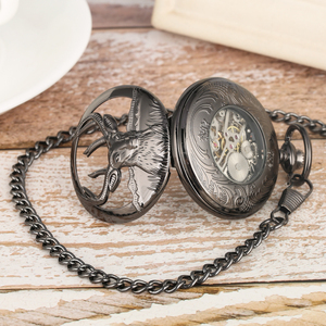 Jam tangan saku mekanis untuk pria, arloji saku kerangka Steampunk hitam kambing berongga dengan rantai & angka Romawi biru, hadiah Gotik unik untuk pria - Product Image 4