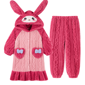 Completo <span class=keywords><strong>pigiama</strong></span> invernale <span class=keywords><strong>in</strong></span> <span class=keywords><strong>pile</strong></span> di corallo con cappuccio e vestaglia lunga con cappuccio - Product Image 5