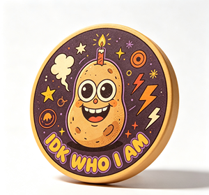 Pin Metálico Circular con Diseño de Patata de Dibujos Animados y Vela, Tema de Fiesta de Cumpleaños 'IDK Who I Am', Impresión Digital - Product Image 2
