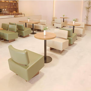Ensemble de meubles modernes pour restaurant, tables carrées en bois avec pieds en métal, fauteuils simples blanc crème et canapé booth vert - Product Image 6