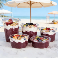 Contenants ronds en plastique PET transparents jetables personnalisables avec logo pour desserts, gâteaux, yaourts, salades et coupes d'açaï – Vente en gros