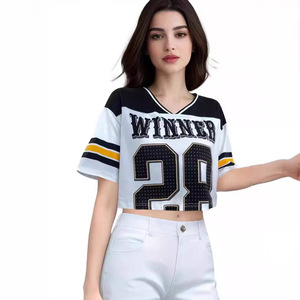 T-<span class=keywords><strong>shirt</strong></span> décontracté pour <span class=keywords><strong>femme</strong></span>, coupe ample, en polyester, à manches courtes, court, décolleté ras du cou, style football américain, pour l'été - Product Image 5