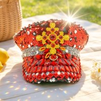 Chapeau de capitaine en peluche personnalisé rouge et or avec sequins et strass rubis, 3 MOQ, pour festival, plage, fête, unisexe, luxe, style Burning Man, vente en gros
