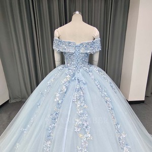 ANY249 Beautiful Blue Off Shoulder Appliqued Flower Evening Party Puffy Gowns Dress - Product Image 6