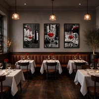 Lot de 3 tableaux encadrés sur toile, thème vin, couleurs sélectionnées, cadre noir, avec triptyque dramatique de verre de vin rouge et raisin noir et blanc