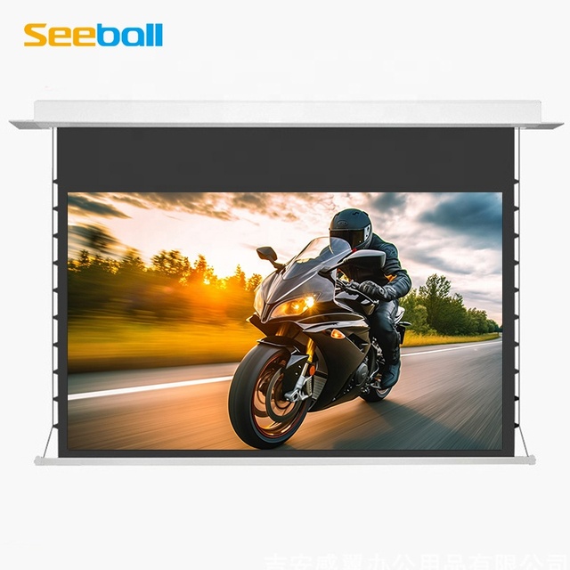 Seeball 100 Inch 16:9 Electronic Hiding Ceiling Screen White Housing PVC RF Control Tab Tensioned Receding Motorized Screen