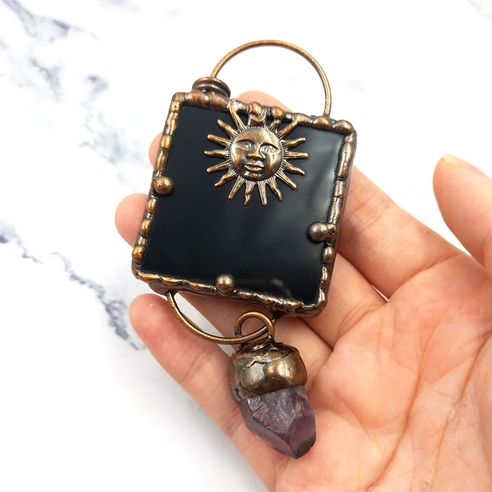 Hot Fashion Black Obsidian Pendants Necklace Bronze Plated Sun Charms Lucky Love Crystal Flat back Jewelry with Little amethyst
