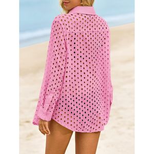 Cache-maillot de bain pour femme en polyester tissé ajouré, manches longues, col en V, coupe ample, style boutonné, pour la plage - Product Image 5