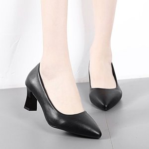 Nouvelles Escarpins en Cuir pour Femme à Bout Pointu et Talons Carrés de Hauteur Moyenne, Chaussures de Bureau Formelles Noires - Product Image 1
