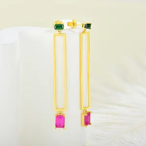 Wholesale Waterproof Jewelry Plated Gold Geometric 925 Silver Hollow Rectangular Earrings With 2 CZ