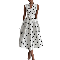 Robe d'été en polyester tissé à pois style vintage français, taille haute, coupe trapèze, col en V, épaules dénudées, à lacets, mi-longue