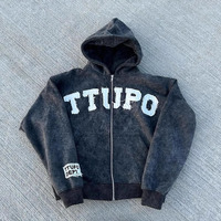 Sweat à capuche personnalisé en pur coton, entièrement zippé, grande taille, coupe ample, style streetwear, vintage, décontracté, avec patch lettres, veste d'automne, vente en gros