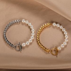 Classic Style 18K <strong>Gold</strong> Plated Stainless Steel <strong>Bracelet</strong> with Cuban Chain OT Buckle Non-Tarnish <strong>Pearl</strong> <strong>Bracelets</strong> for Women Girls - Product Image 2