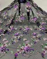 Pariser Atelier Handbestickter Onyx-Basisstoff mit Dreifarbiger Iris-Rosen-Smaragd-Blumenmuster Transparenter Pailletten-Spitzenstoff Runway Couture Kollektion