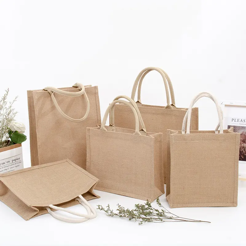 कस्टम प्रिंटिंग लोगो प्राकृतिक इको फ्रेंडली जूट टोटे बैग रीसायकल फोल्डेबल जूट शॉपिंग बैग