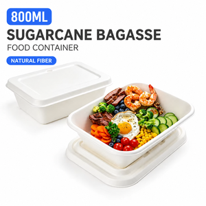 กล่องอาหารย่อยสลายได้ขนาด 800 มล. ทำจากชานอ้อย กล่องอาหารแบบคลาสสิก กล่องอาหารแบบใช้แล้วทิ้งสำหรับอาหารนำกลับบ้าน กล่องใส่อาหารกลางวันพร้อมฝาปิด กล่องใส่สลัด กล่องเตรียมอาหาร XIEFA - Product Image 1