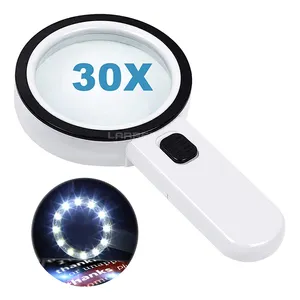 Portable Simple12 LED Light Lamp 30X Handheld Large Magnifier Lens Magnifying Glass with Stand for Inspection