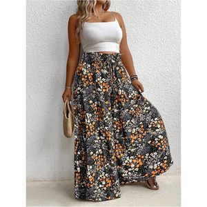 Pantalon palazzo fluide grande taille pour femme, motif floral, taille haute, jambe large, style bohème, pour les vacances d'été et les croisières - Product Image 5