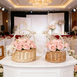 Cesto di Fiori in Vimini Intrecciato a Mano con Manico Elegante in Perle, Design Staccabile, Tendenza 2026, per Decorazioni Floreali da Matrimonio - Product Image 3