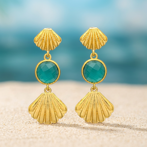 Teal Chalcedony Seashell Drop Earrings Gold Tone Ocean <b>Inspired</b> Dangle <b>Jewelry</b> Coastal Beach Ethnic Engagement Fashion Wholesale - Product Image 2