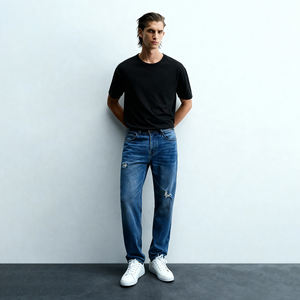 Nouvelle tendance, jeans slim fit bleu moyen pour homme, légèrement délavé, déchiré, pantalon en denim, streetwear urbain tendance, pantalon pour homme, doux - Product Image 2