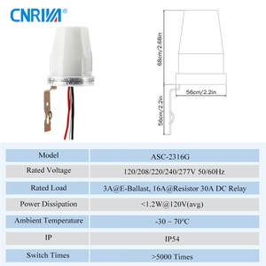 Controlador <span class=keywords><strong>de</strong></span> Luz Fotoeléctrico para Exteriores CNRIYA, Interruptor <span class=keywords><strong>de</strong></span> Día/Noche, Rango <span class=keywords><strong>de</strong></span> Detección <span class=keywords><strong>de</strong></span> 50 m, AC120-277V 10A, IP54/IP44, PP/PMMA - Product Image 2