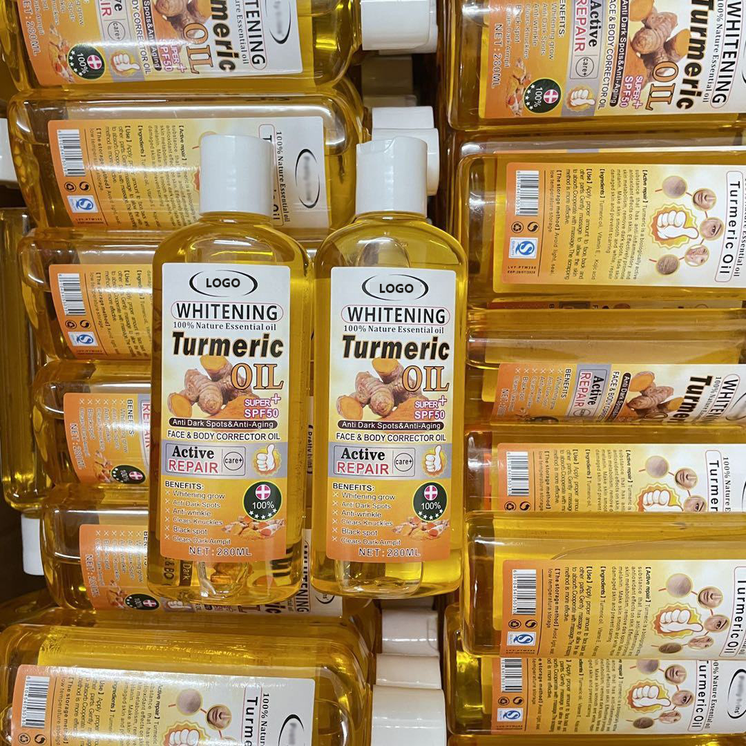 Top qualidade venda quente óleo tumeric para a pele clareamento 280ml ouro amarelo cor clareamento África pele escura joelhos knuckle branqueamento