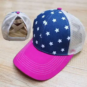 Sombrero de cola de caballo entrecruzado para mujer, gorra de béisbol con estampado de estrellas de 2 tonos, malla de poni