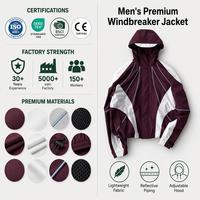 Veste coupe-vent bordeaux pour homme en nylon avec bandes réfléchissantes, blocs de couleur, capuche zippée, coupe ample, légère, respirante, style streetwear, personnalisable OEM