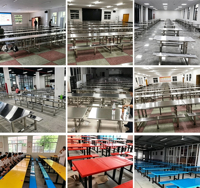 Table de cantine robuste en métal bleu avec bancs fixes en fibre de verre, facile à nettoyer, pour usine et cantine/restaurant scolaire