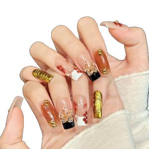 Uñas Postizas Hechas a Mano, 10 Piezas, Uñas de Gel 3D de Lujo con Flores, Color <span class=keywords><strong>Rosa</strong></span> Dorado, Uñas Artificiales Largas de Estilo Francés - Product Image 6