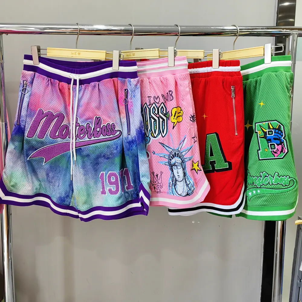 Huili新着ファッションスポーツウェアジムショーツメンズカスタム刺繍ドローストリングウエストメッシュバスケットボールショーツ