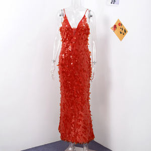 2025 Neuankömmling Frauen V-Ausschnitt Spaghetti träger Schulter Langes Kleid Abend party Kleider Red <span class=keywords><strong>Plunge</strong></span> Neck Pailletten Maxi kleid - Product Image 5