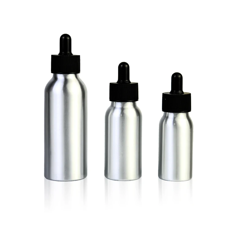 wholesale cosmetic packing 30ml 50ml 100ml Eco-friendly silver aluminum essential oil bottle with dropper