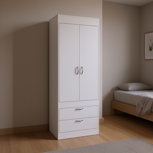 Armoire blanche Lisboa à deux portes, deux tiroirs, poignées métalliques, meuble de chambre à coucher - Product Image 2