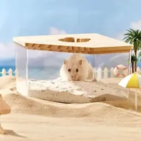 Boîte de bain de sable rectangulaire transparente en acrylique multicolore pour hamster avec design classique confortable et outils de nettoyage pour petits animaux