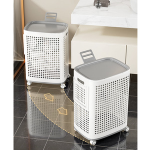 Large Capacity Collapsible Rolling Laundry Hamper Lid Perforated <strong>Plastic</strong> <strong>Basket</strong> Wheels Storage Bin Handle Modern Design Bathroom - Product Image 3