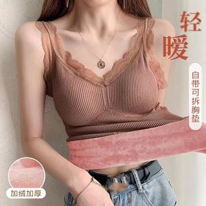 Débardeur chaud en dentelle à col en V pour femmes, automne et hiver, avec coussin de poitrine, gilet en velours épais, amincissant et chaud, sous-vêtements - Product Image 6